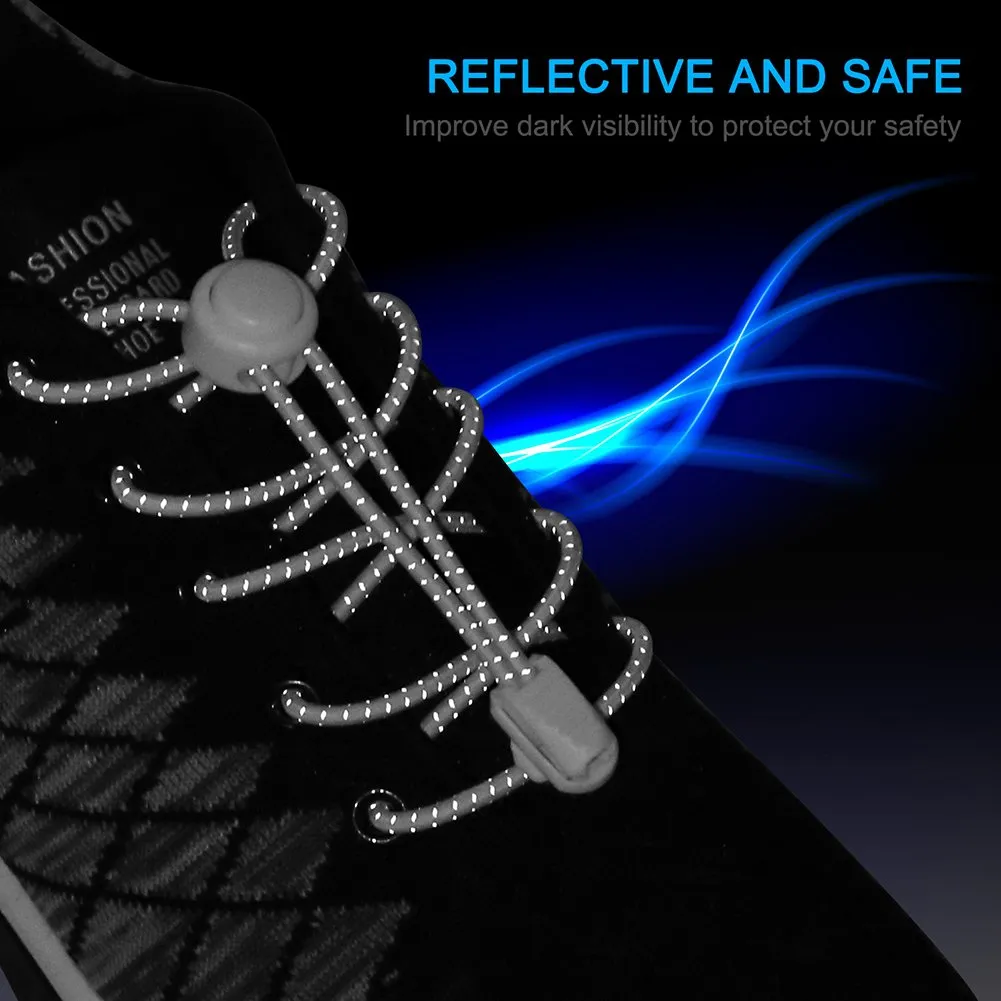 AMLY Elastic No Tie Shoelaces - 4 Pairs, Upgraded Lock, Heavy Duty Reflective Shoe Laces for Kids and Adults Black-black-black-black