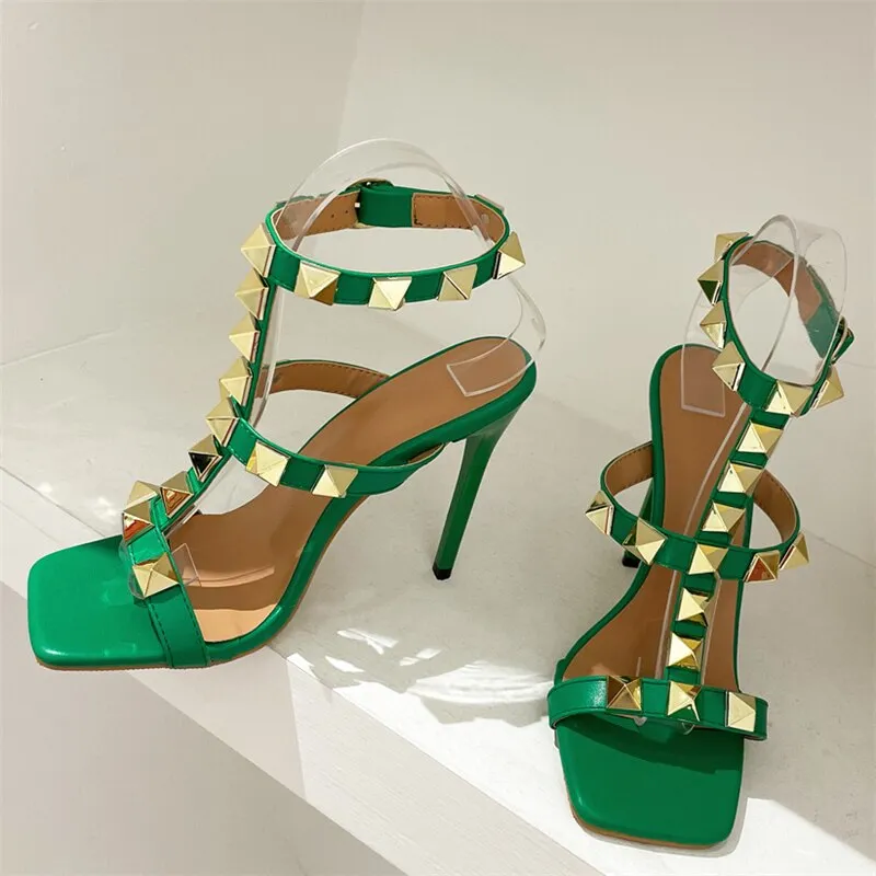 Amozae-2024 Summer Women Fetish 11cm High Heels Lady Rivets Strap Platform Sandals Gladiator Stiletto Heels Sandle Stripper Green Shoes