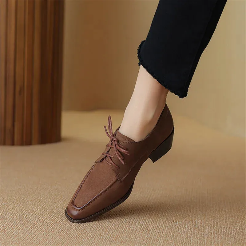 Amozae-New Spring Genuine Leather Women Shoes French Retro Square Toe Lace Women Pumps Chunky Heel Loafers Shoes for Women Ladies Shoes