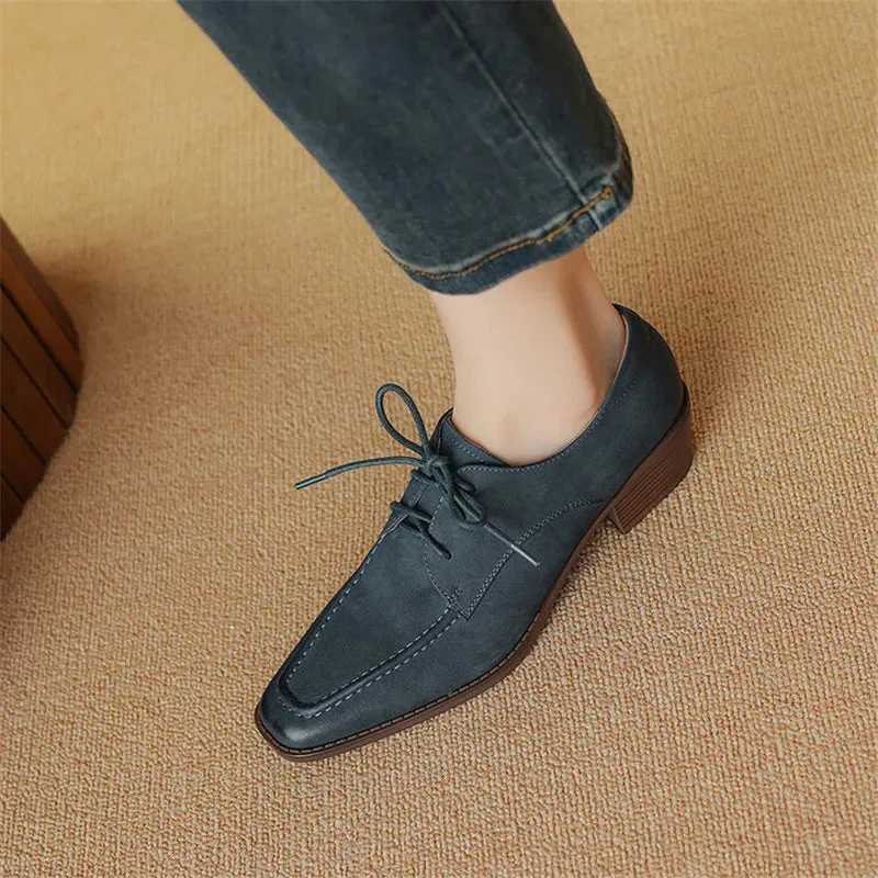 Amozae-New Spring Genuine Leather Women Shoes French Retro Square Toe Lace Women Pumps Chunky Heel Loafers Shoes for Women Ladies Shoes