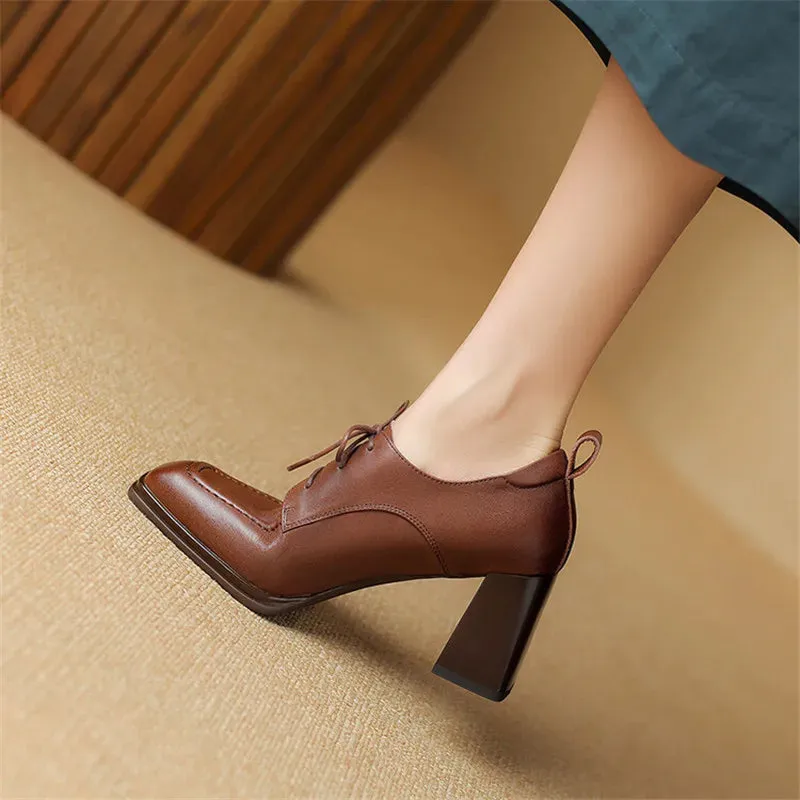 Amozae-New Spring Genuine Leather Women Shoes French Retro Square Toe Lace Women Pumps High Heels Loafers Shoes for Women Ladies Shoes