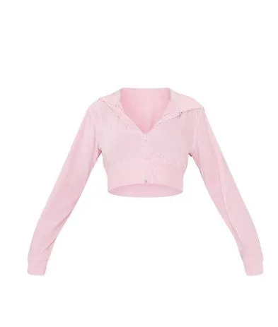 BABY PINK VELOUR CROPPED HOODIE