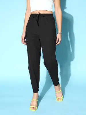 Berrylush Women Solid Black Tie-Up High-Rise Waist Cotton Regular Utility Trousers