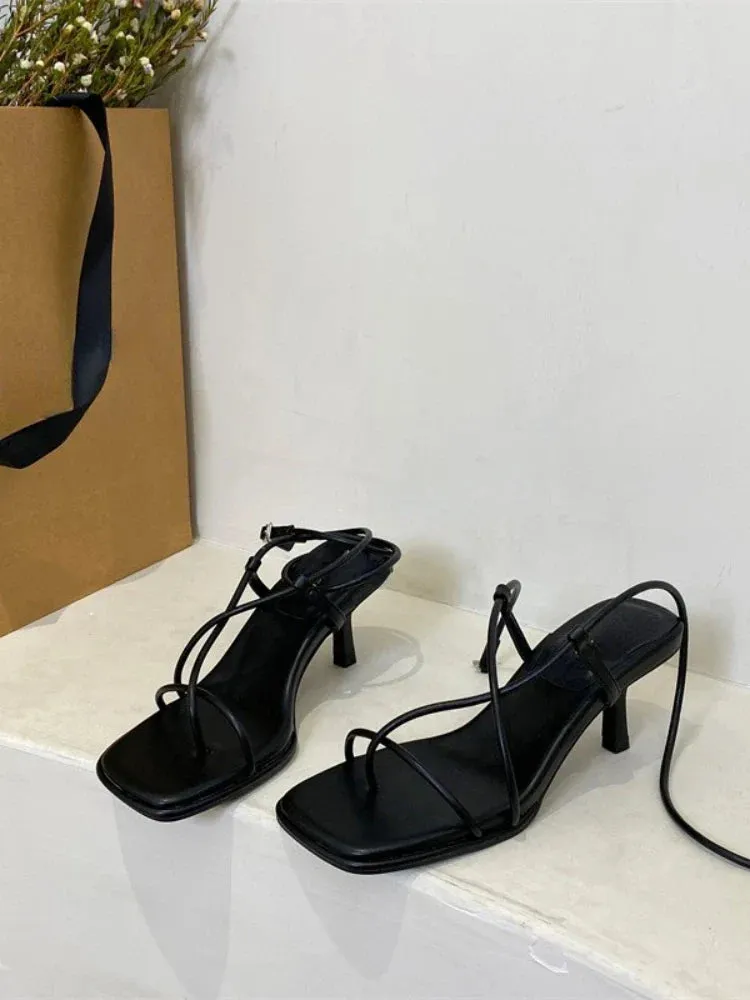 binfenxie  -  Cross Toe Hollow Out Shoes Office Lady Retro Thin Heels Sandals Casual 2024 Summer Beach Fashion Vintage Black Shoes Woman Korea