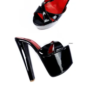 Black Gloss Red Detail Chunky Heel Mules