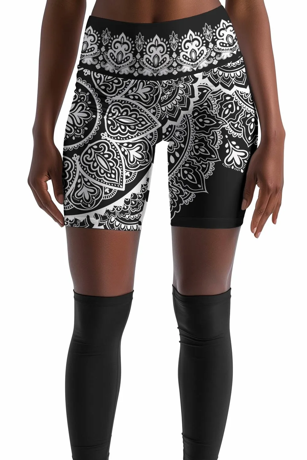 Black Nirvana Karen White Boho Performance Yoga Biker Shorts - Women