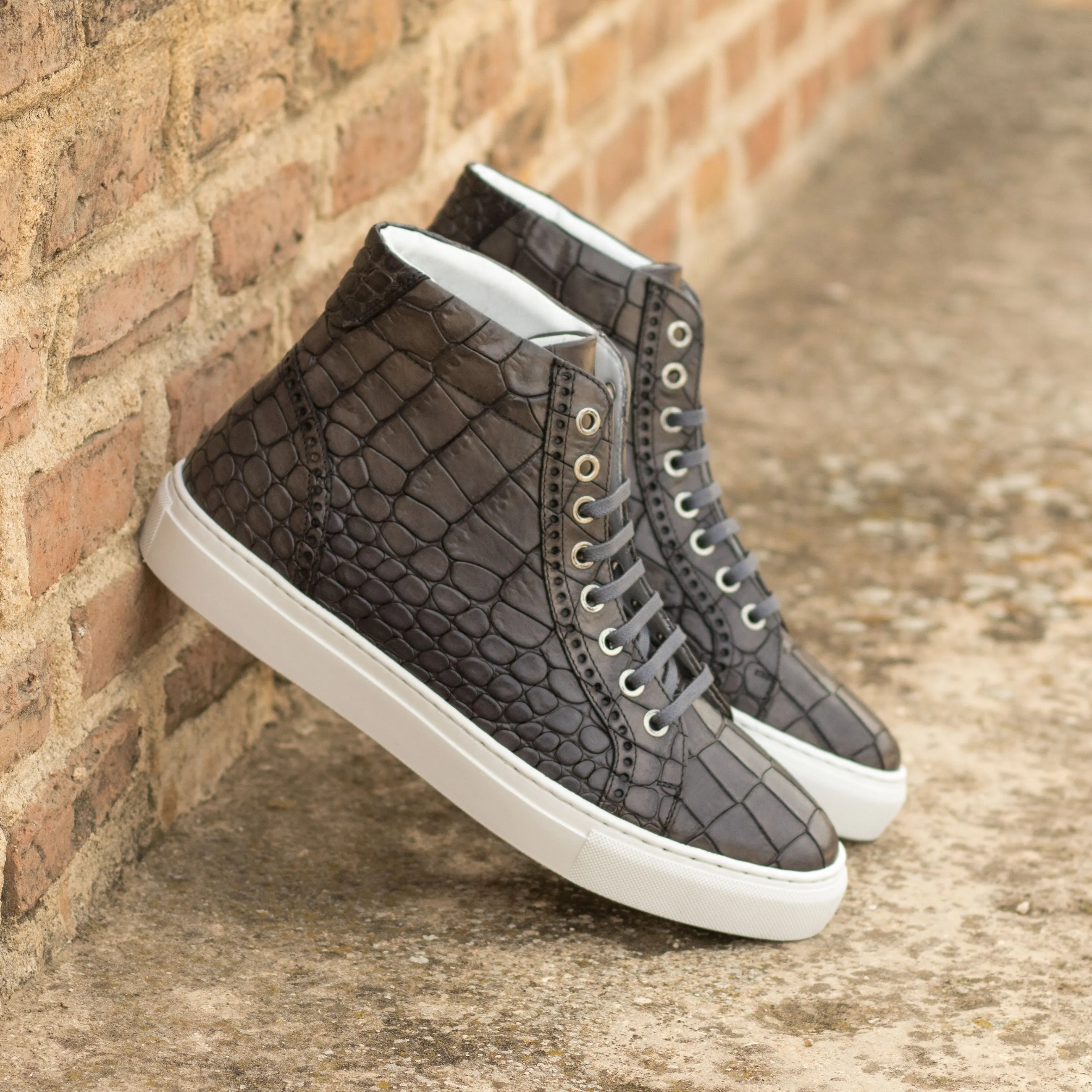 DapperFam Cadenza in Grey Men's Italian Croco Embossed Leather High Kicks