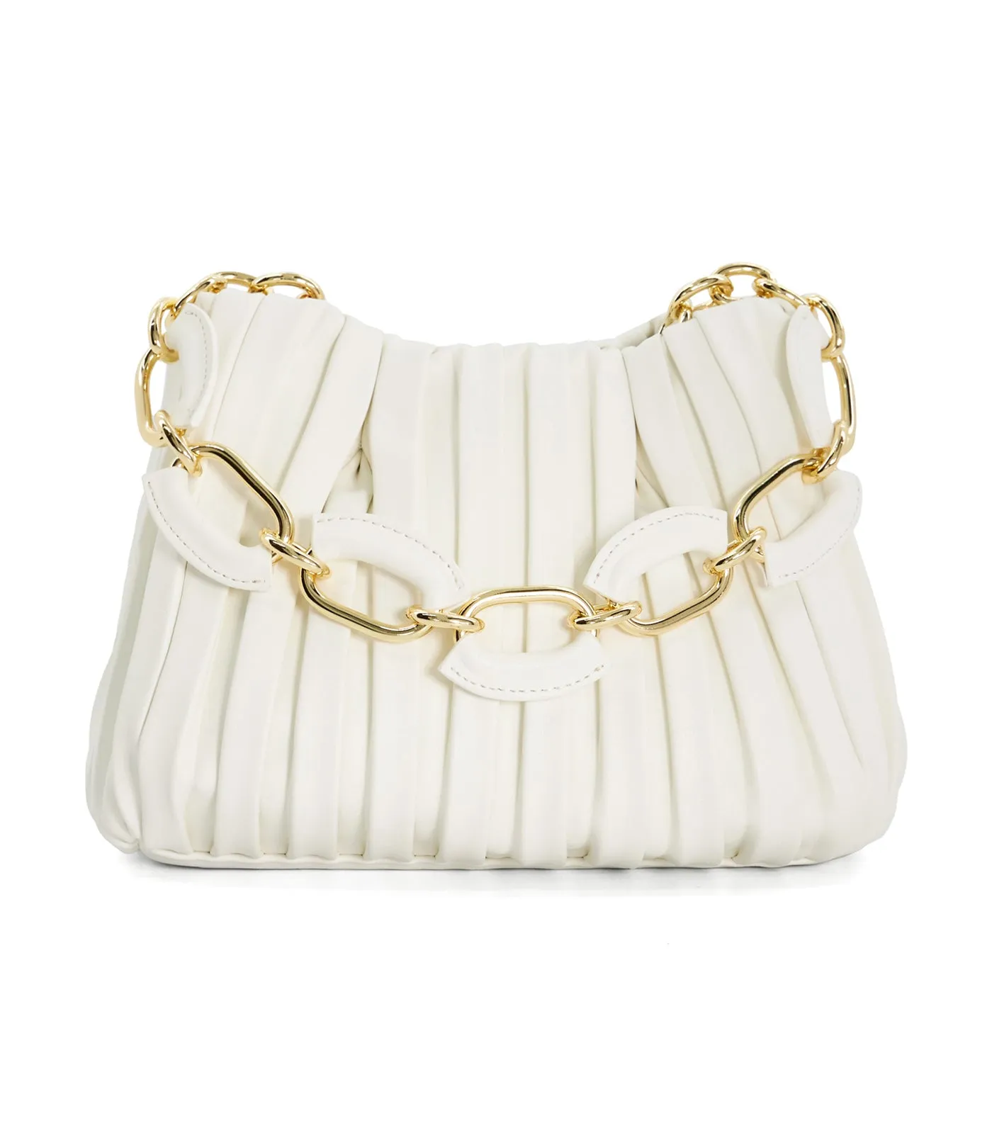 Dinidominie Small Metallic Pleat Chain-Handle Slouch Bag White-Plain Synthetic