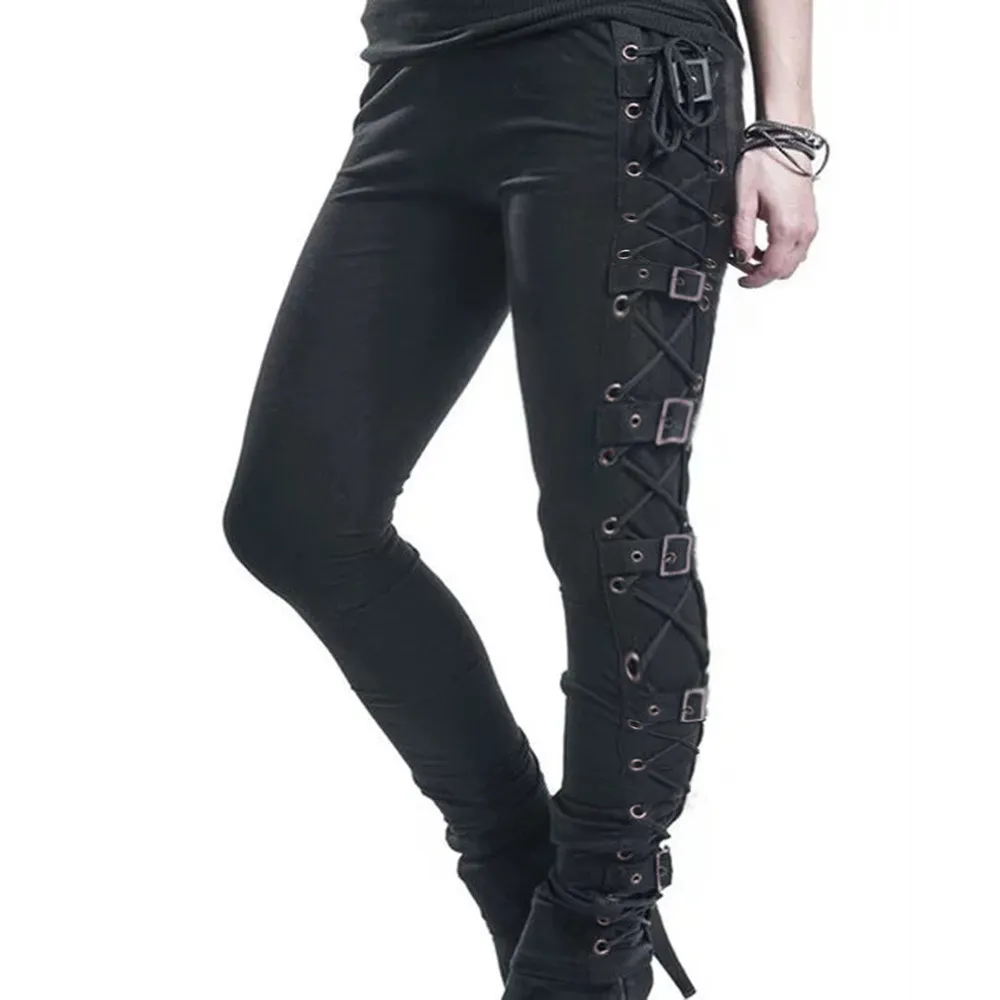 Funki Buys | Pants | Women's Gothic Buckle Strap Lace Up Pant