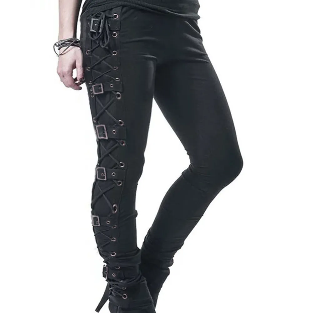 Funki Buys | Pants | Women's Gothic Buckle Strap Lace Up Pant