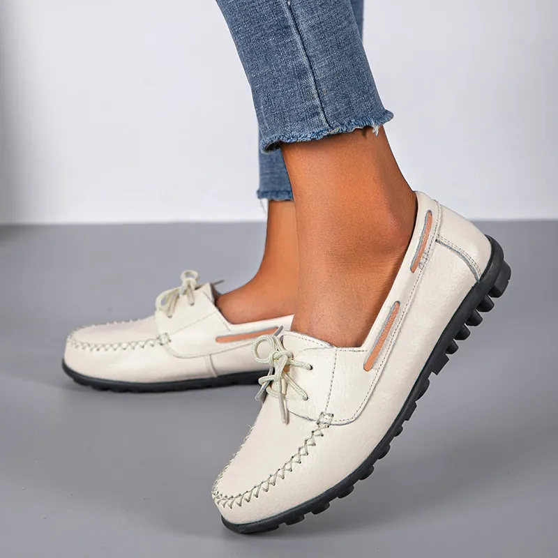 Genuine Leather Fashion Women Flats Ballerina Shoes Women Moccasins Nurse Shoes Lace Up Women Shoe Outdoor Plus Size Shoes Woman