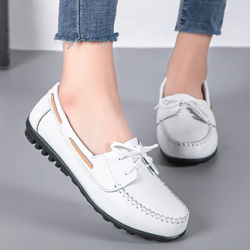 Genuine Leather Fashion Women Flats Ballerina Shoes Women Moccasins Nurse Shoes Lace Up Women Shoe Outdoor Plus Size Shoes Woman