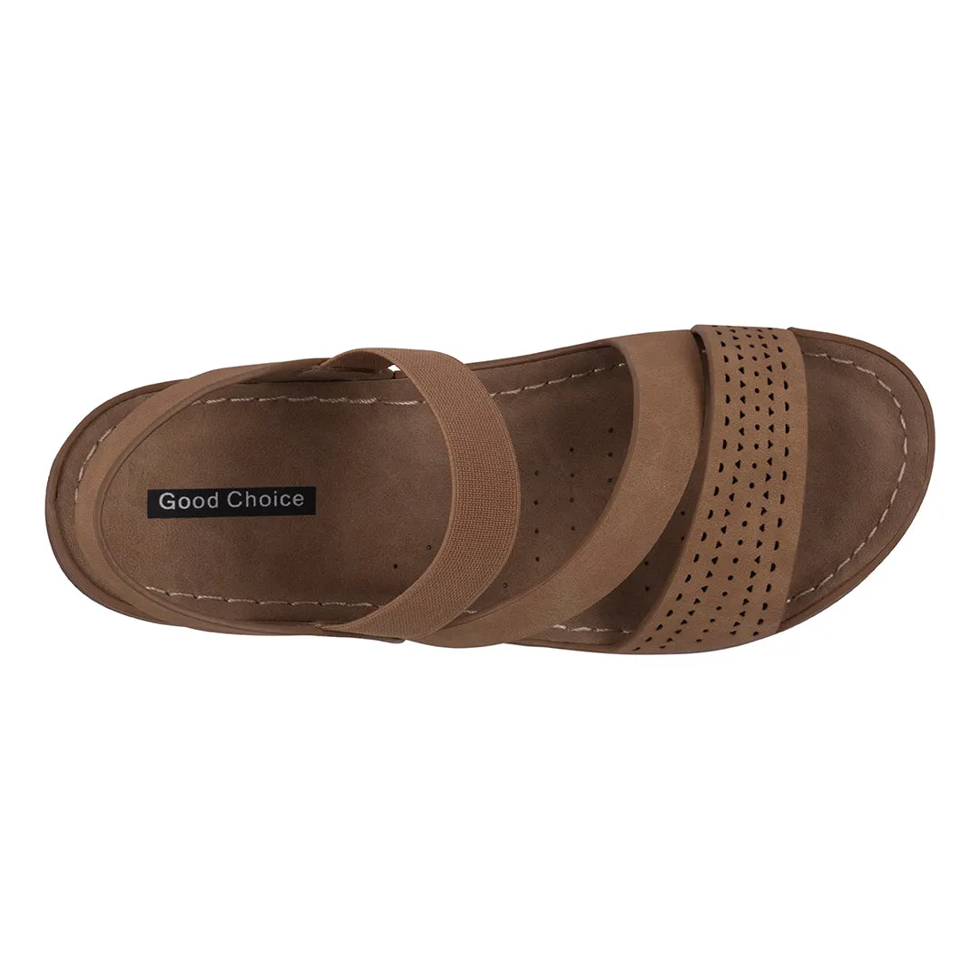 Grange Tan Perforated Strappy Elastic Comfort Flat Sandals