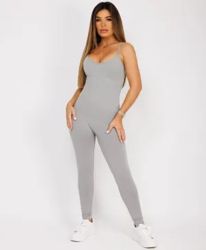 Grey Elastic Ribbed Waist Spaghetti Strap Jumpsuit