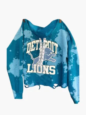 Handmade Detroit Lions Honolulu Blue Hand Bleached Lace Up Off Shoulder Sweatshirt Cropped or Full Length