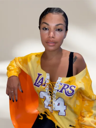 Handmade Los Angeles Lakers 24 Yellow Purple White Lace Up Distressed Sweatshirt