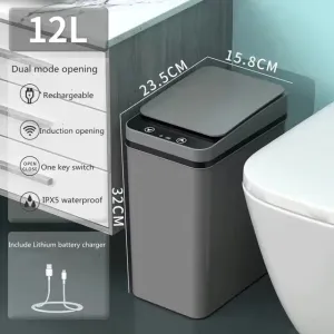 Intelligent Smart Trash Can Dual Mode Opening Smart Sensor Rechargeable USB Waterproof Garbage Bin Gray With Free Set Of Bags