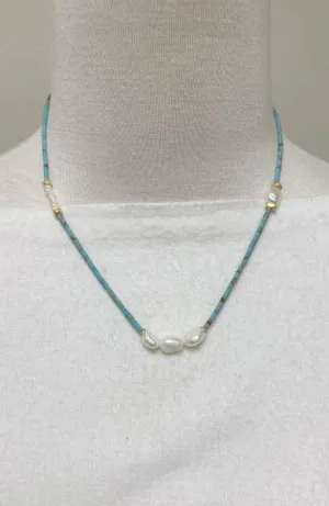 Jess Turquoise and Pearl Necklace (Short) | Bespoke Turquoise Necklace with Gold Accents | By Pearly Girls