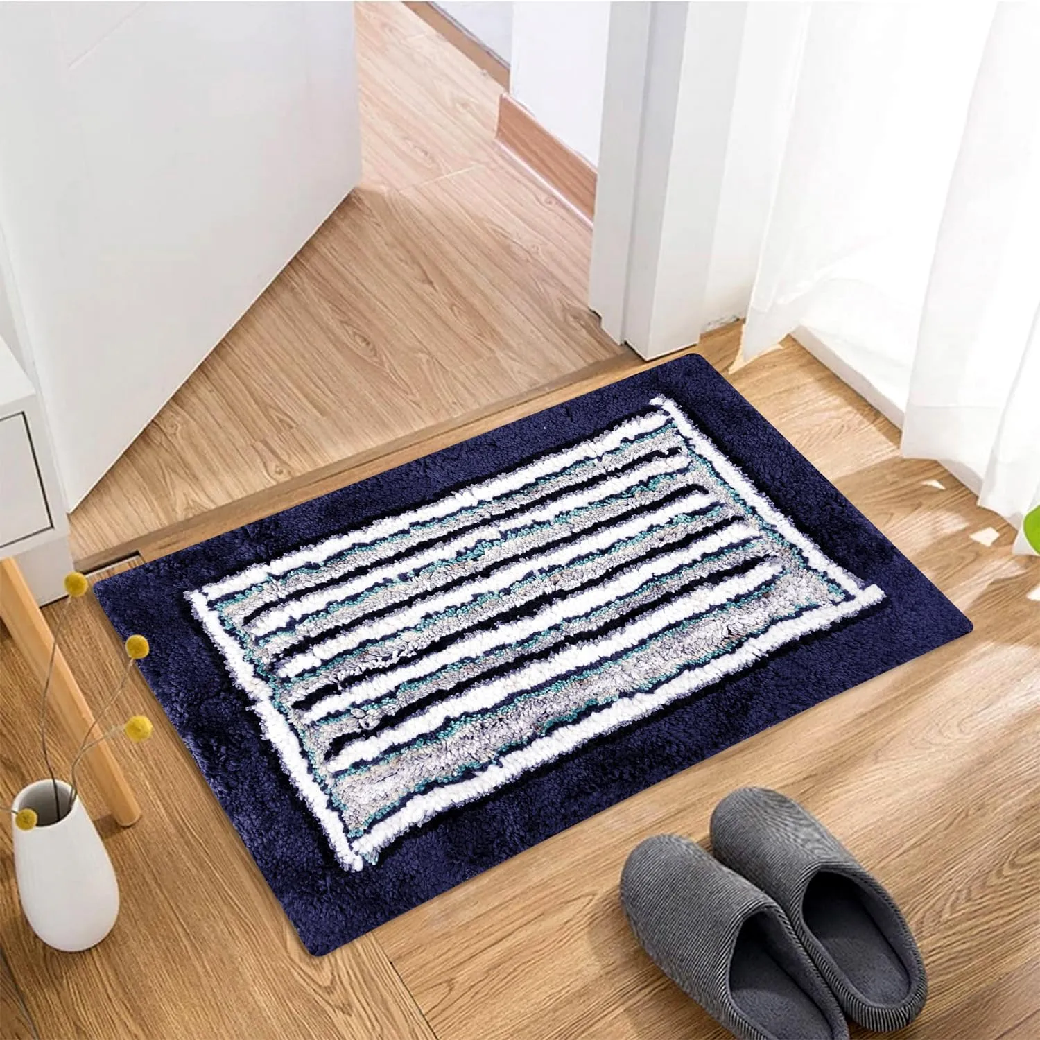 Kuber Industries Runner | Bedside Runner for Bedroom | Micro Border Home Decor Runner & Door Mat Combo | Anti-Skid Runner & Door Mat | Runner & Door Mat Set | Set of 2 | Blue