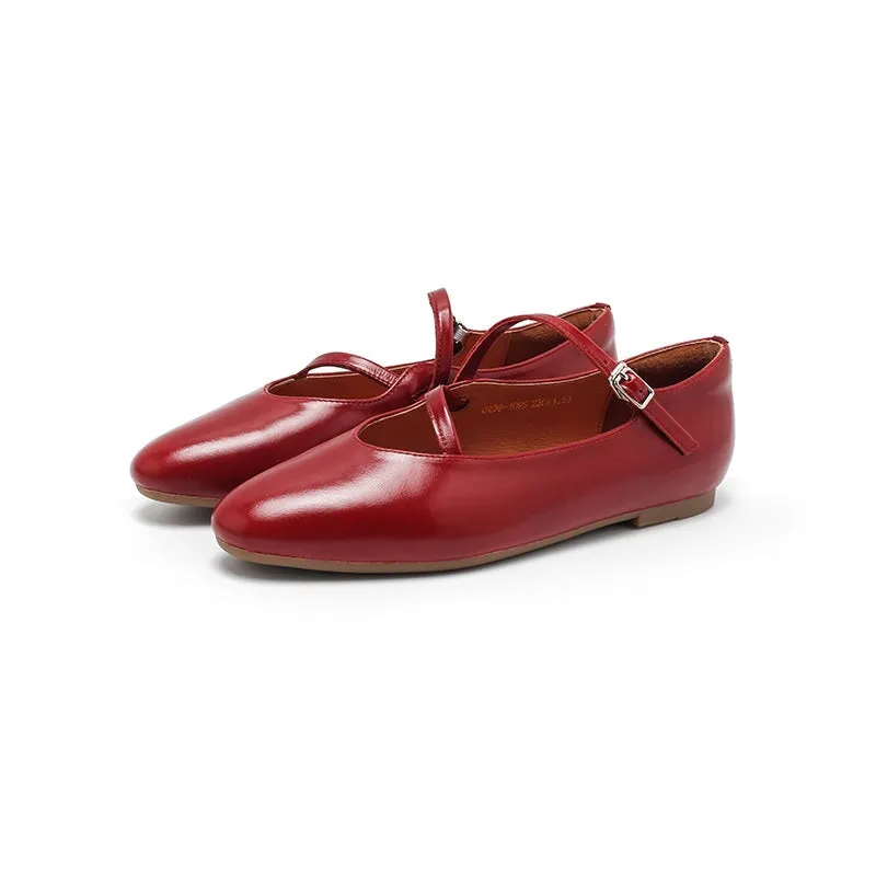 Leather Ballet Flats with Cross-Strap Almond Toe in Black/Red/Beige