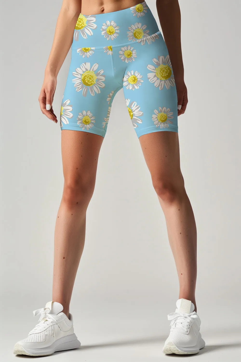 Marvelous Daisy Karen Baby Blue Floral Print Yoga Biker Shorts - Women