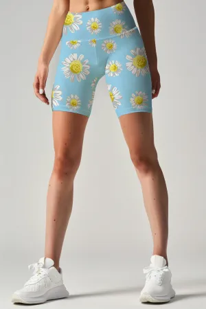 Marvelous Daisy Karen Baby Blue Floral Print Yoga Biker Shorts - Women