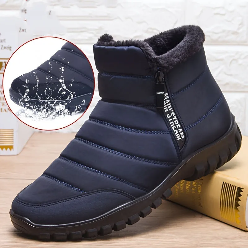 Men's Solid Snow Boots With Side Zipper, Warm Fleece Cozy Non-slip Ankle Boots Plush Comfy Outdoor Hiking Shoes Lined Trekking Shoes, Winter