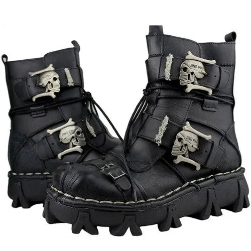 Metal Punk Gothic Leather Boots with Skulls Platform