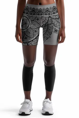 Nightfall Nirvana Karen Grey Mandala Printed Yoga Biker Shorts - Women