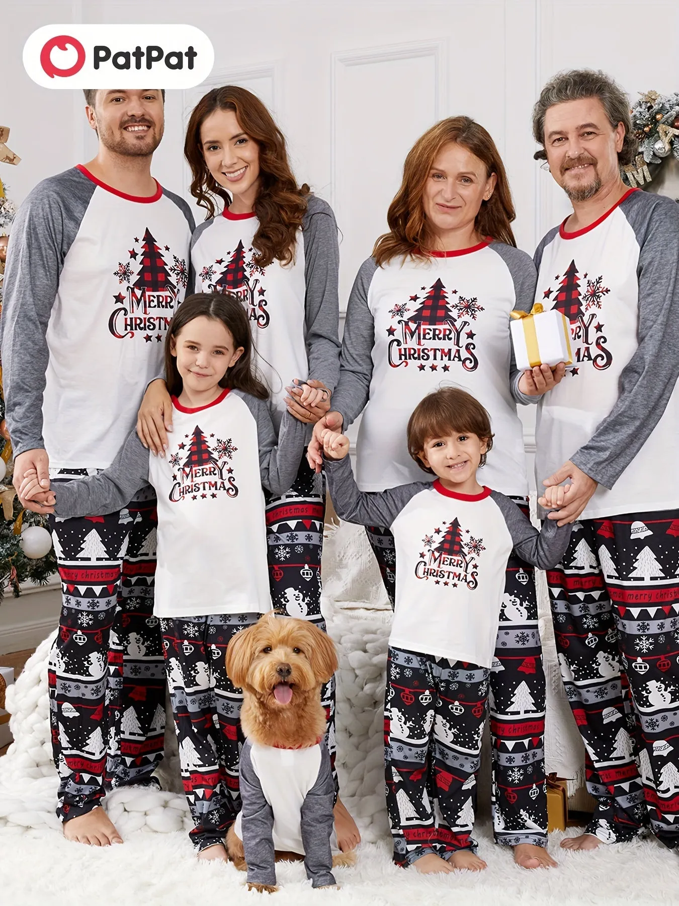 PatPat Christmas Family Matching Tree & Snowflake Graphic and Letters Print Grey Crew Neck Round Neck Long*Sleeve Sets (Flame Resistant) For Spring & Autumn/Fall & Winter Outdoors