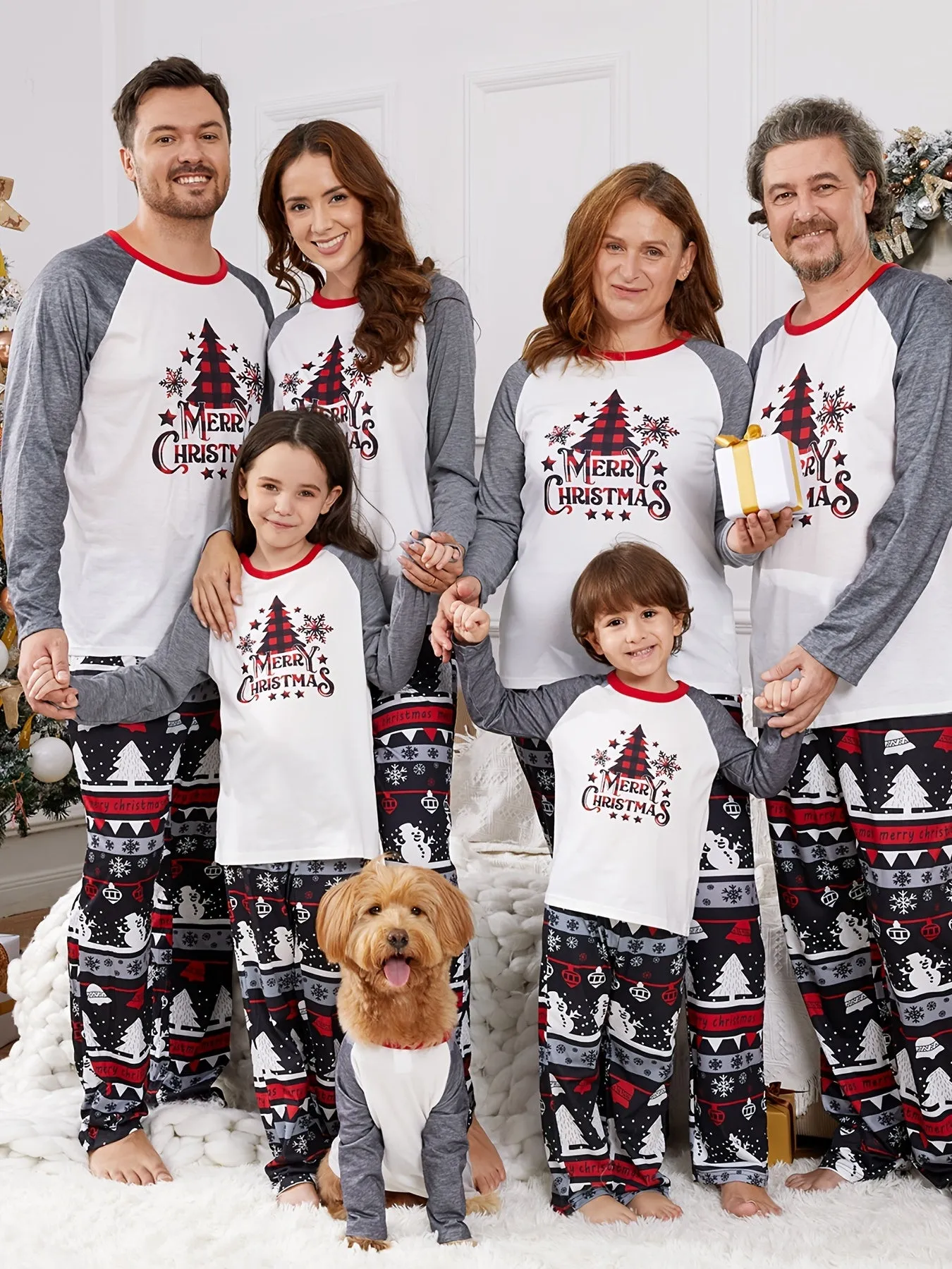 PatPat Christmas Family Matching Tree & Snowflake Graphic and Letters Print Grey Crew Neck Round Neck Long*Sleeve Sets (Flame Resistant) For Spring & Autumn/Fall & Winter Outdoors