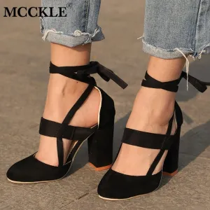 Plus Size Female Ankle Strap High Heels Flock Gladiator Shoes Lace Up Thick Heel Fashion Hollow Women Party Wedding Pumps