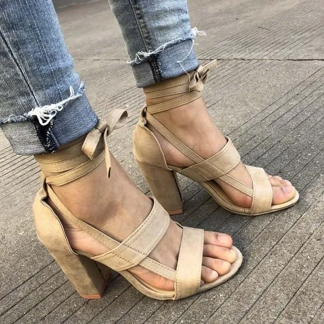 Plus Size Female Ankle Strap High Heels Flock Gladiator Shoes Lace Up Thick Heel Fashion Hollow Women Party Wedding Pumps