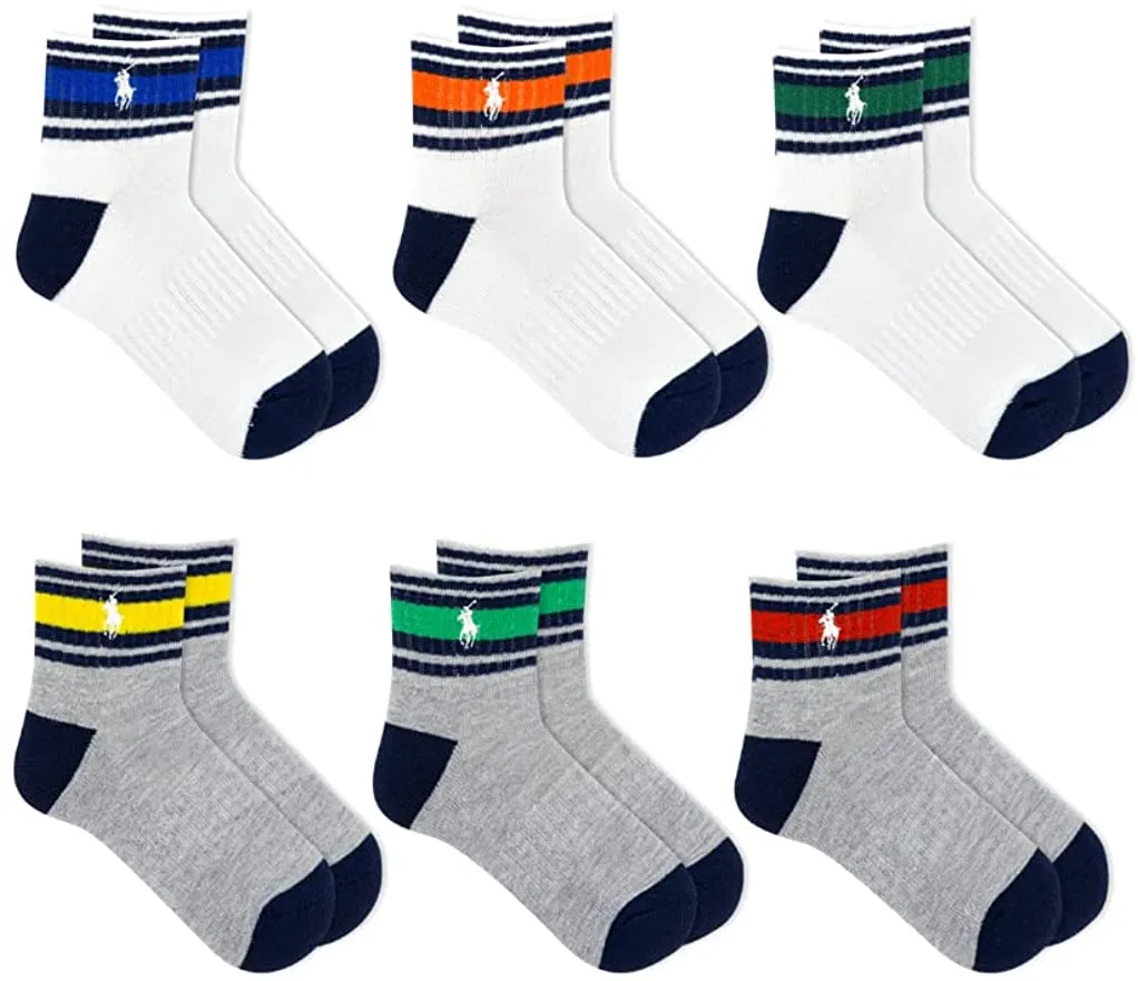 Polo Ralph Lauren Boys 6-Pack Stripe Athletic Quarter Crew Socks