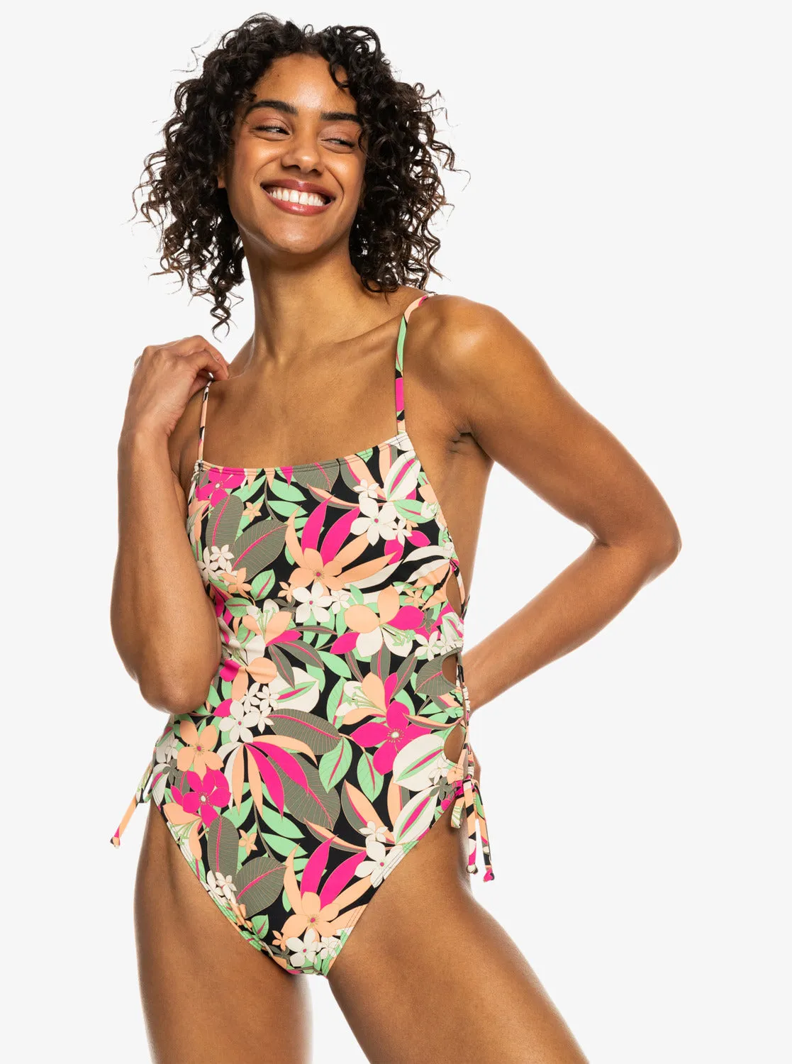 Printed Beach Classics Lace Up One-Piece Swimsuit - Anthracite Palm Song S