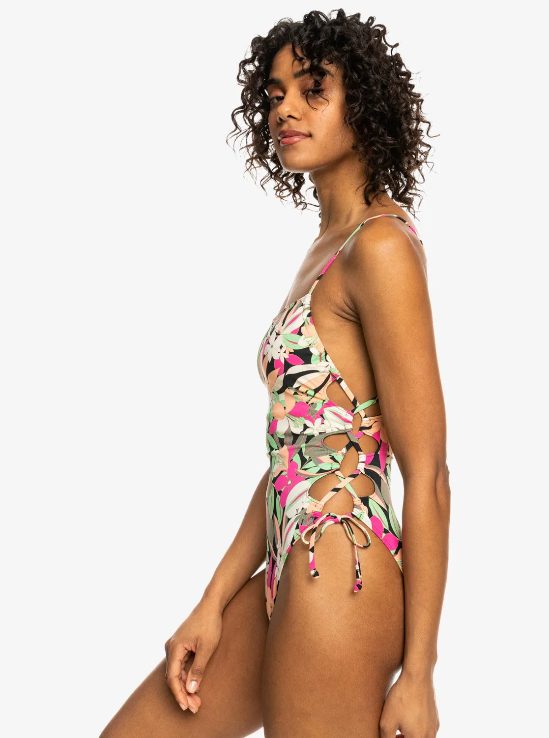 Printed Beach Classics Lace Up One-Piece Swimsuit - Anthracite Palm Song S