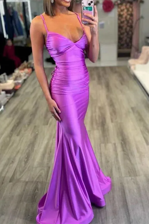 Purple Spaghetti Straps Mermaid Prom Dress, Simple Trumpet Formal Dress UQP0293