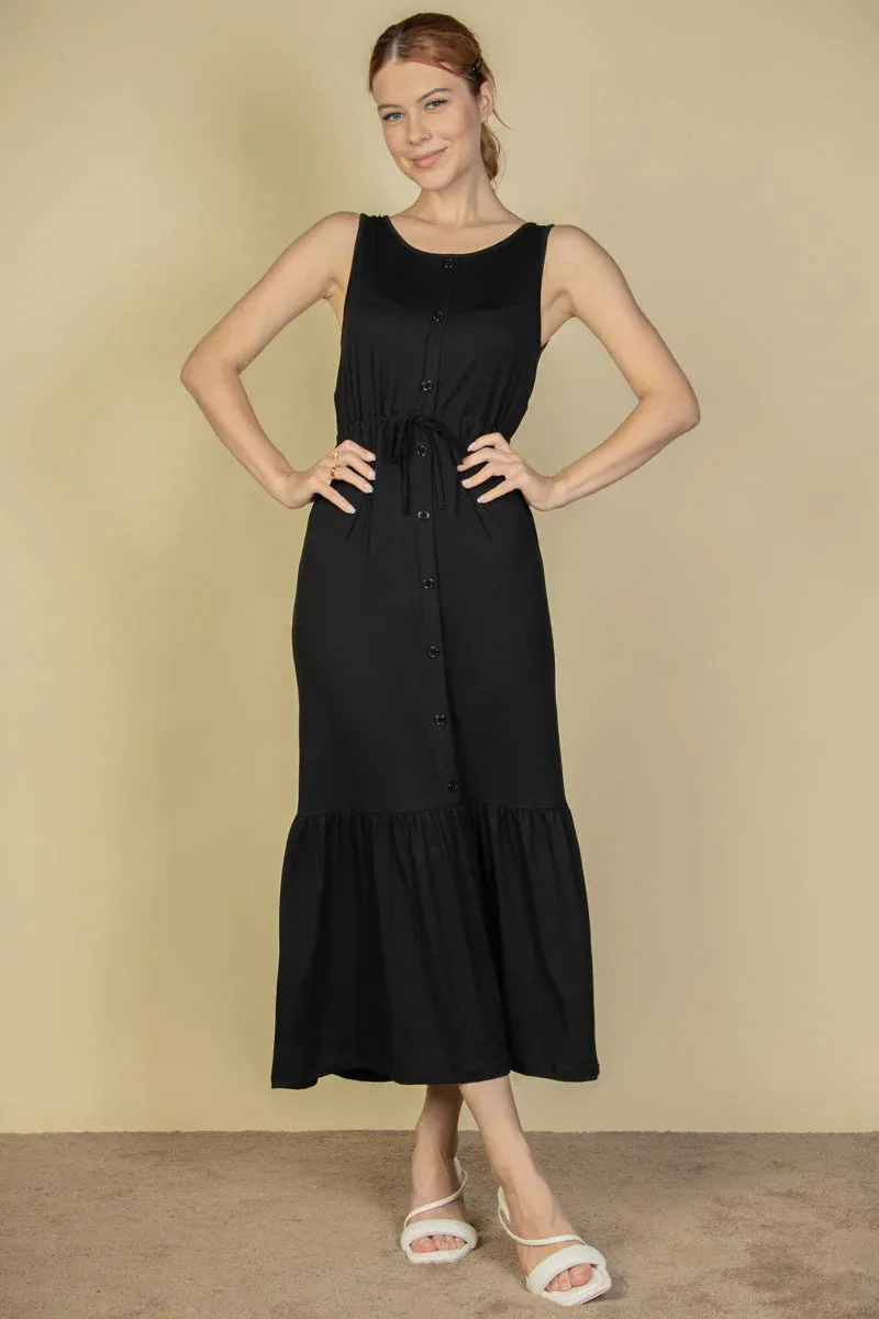 "Capella Maxi Dress: Sleeveless Chic with Button Front and Waist Tie"