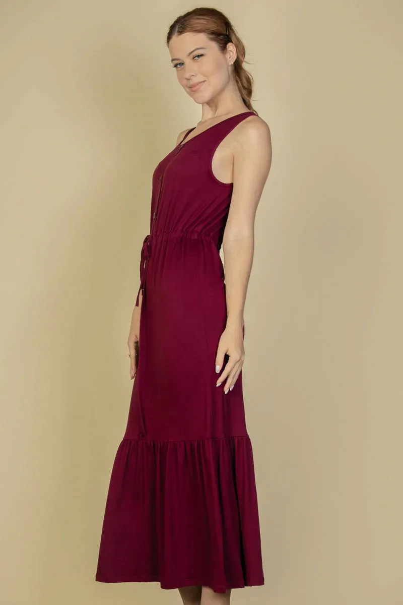 "Capella Maxi Dress: Sleeveless Chic with Button Front and Waist Tie"