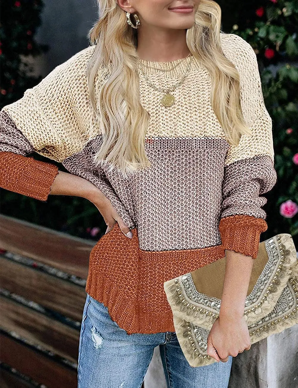 "Chic Women's Color Block Knit Sweater - Stylish Long Sleeve Pullover for Casual Elegance"