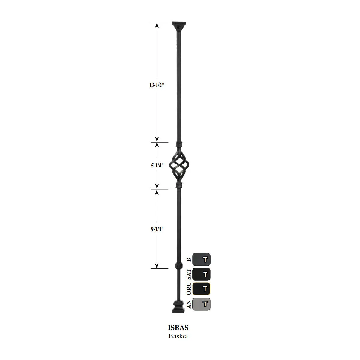 "Ole Iron Slides" 1/2" Square x 30"-38"H Single Basket Adjustable Hollow Iron Baluster (ISBAS)