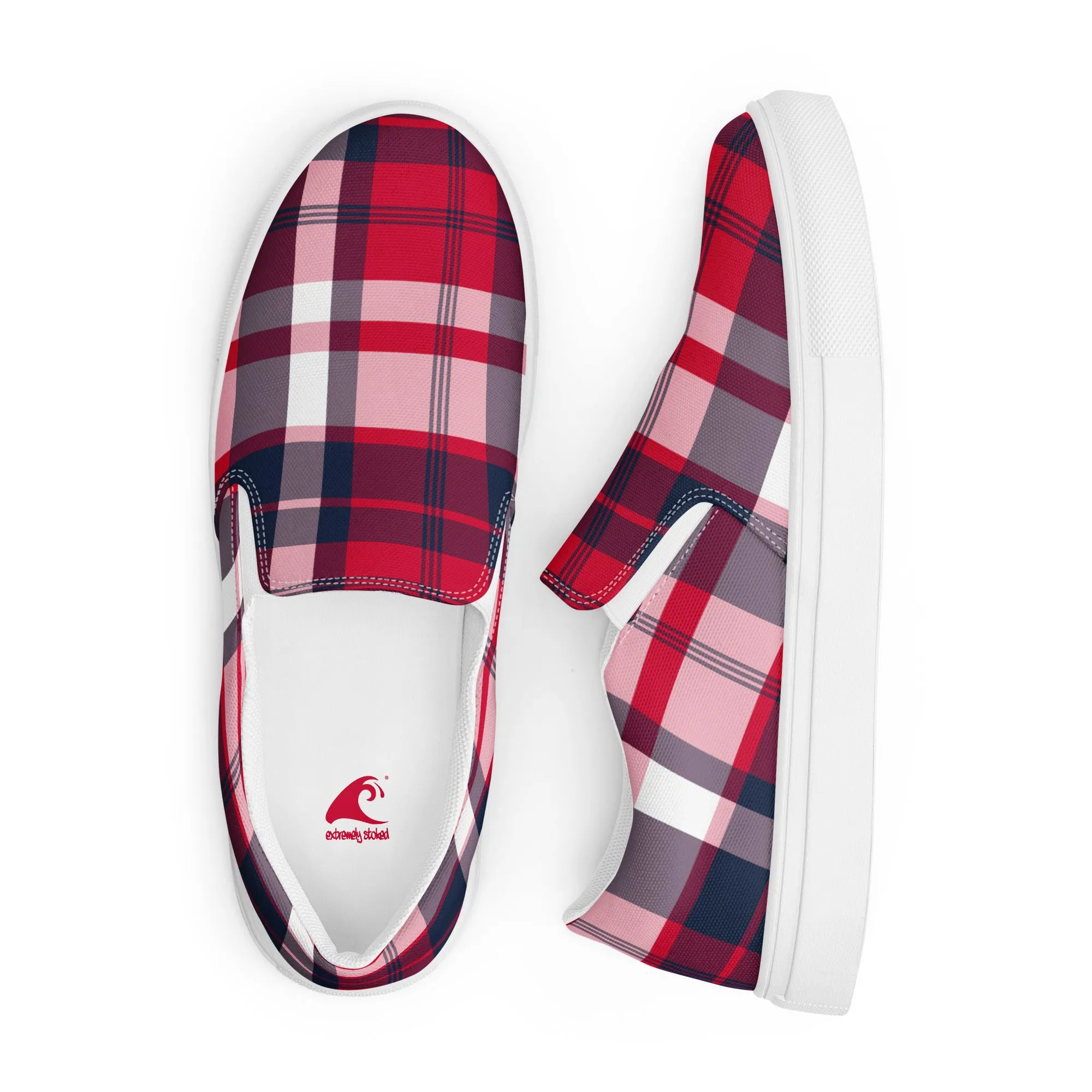 Red, White and Navy Blue Preppy Surfer Plaid Women's Slip On Canvas Shoes