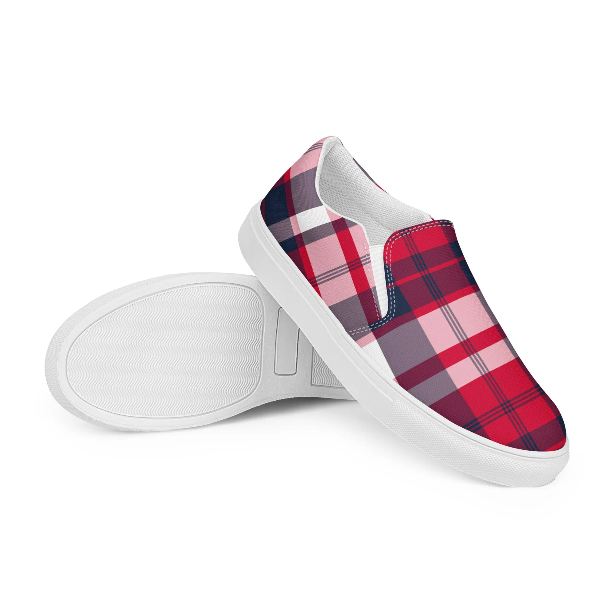 Red, White and Navy Blue Preppy Surfer Plaid Women's Slip On Canvas Shoes