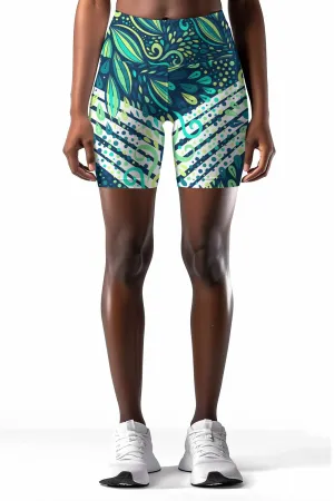 Revival Karen Green Leaf Printed Athletic Yoga Biker Shorts - Women