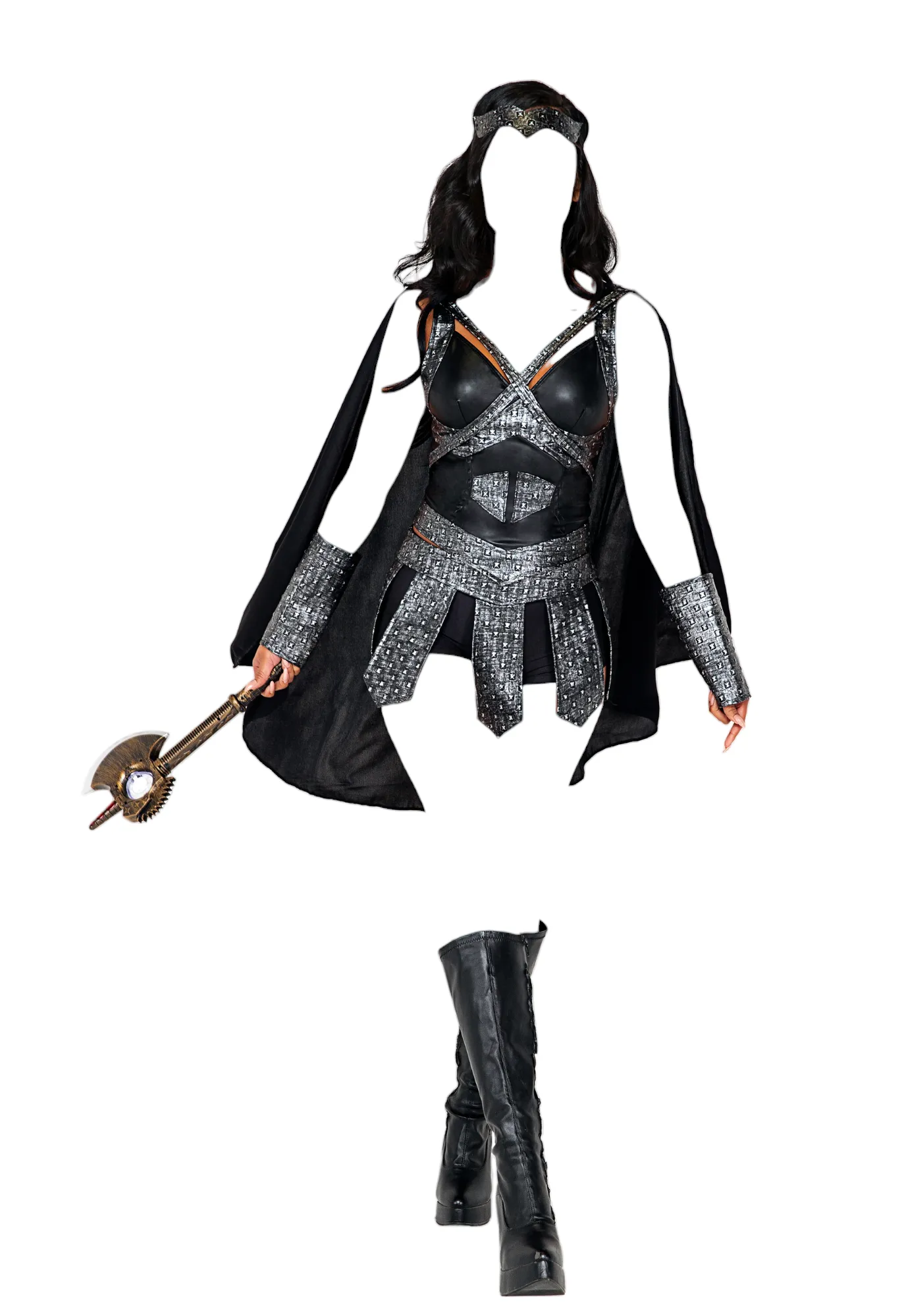 Roma Costume 5 PC Warrior Princess Bodice Cape & Shorts Black/Grey