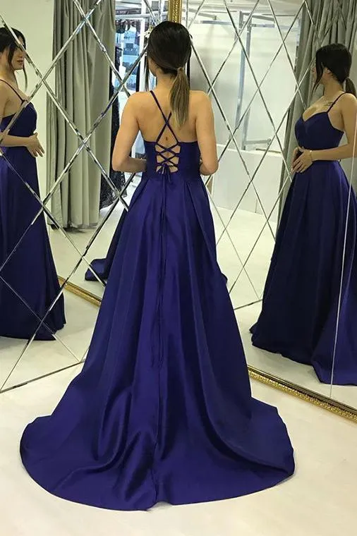 Simple A Line Spaghetti Straps Satin Long Prom Dresses Criss Cross Back UQ2479