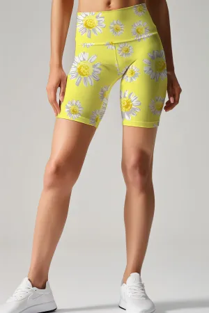 Striking Daisy Karen Bright Yellow Printed Yoga Biker Shorts - Women