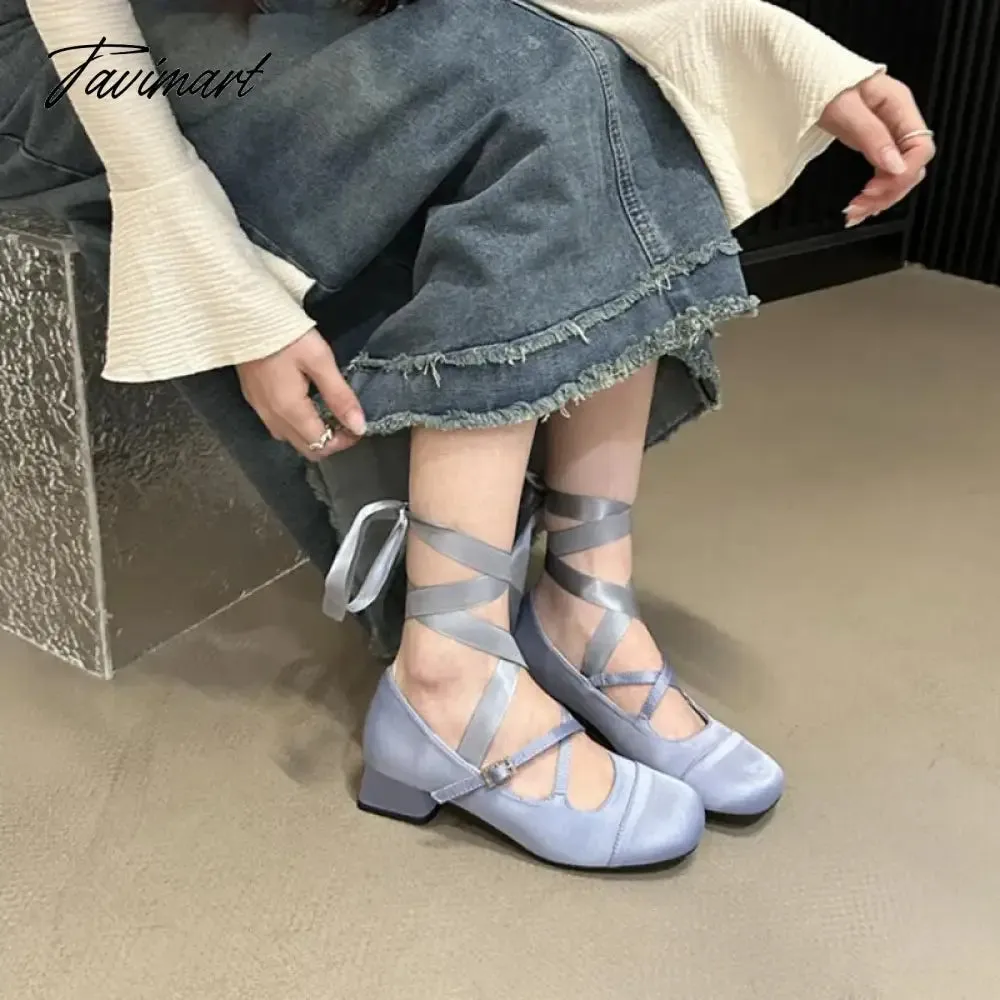 TAVIMART -  Mary Jane Pumps Women Bow Knot Design Lolita Square Toe Ankle Strappy Fashion Sweet Pumps 4CM Heel height Lovely Ballet Shoes