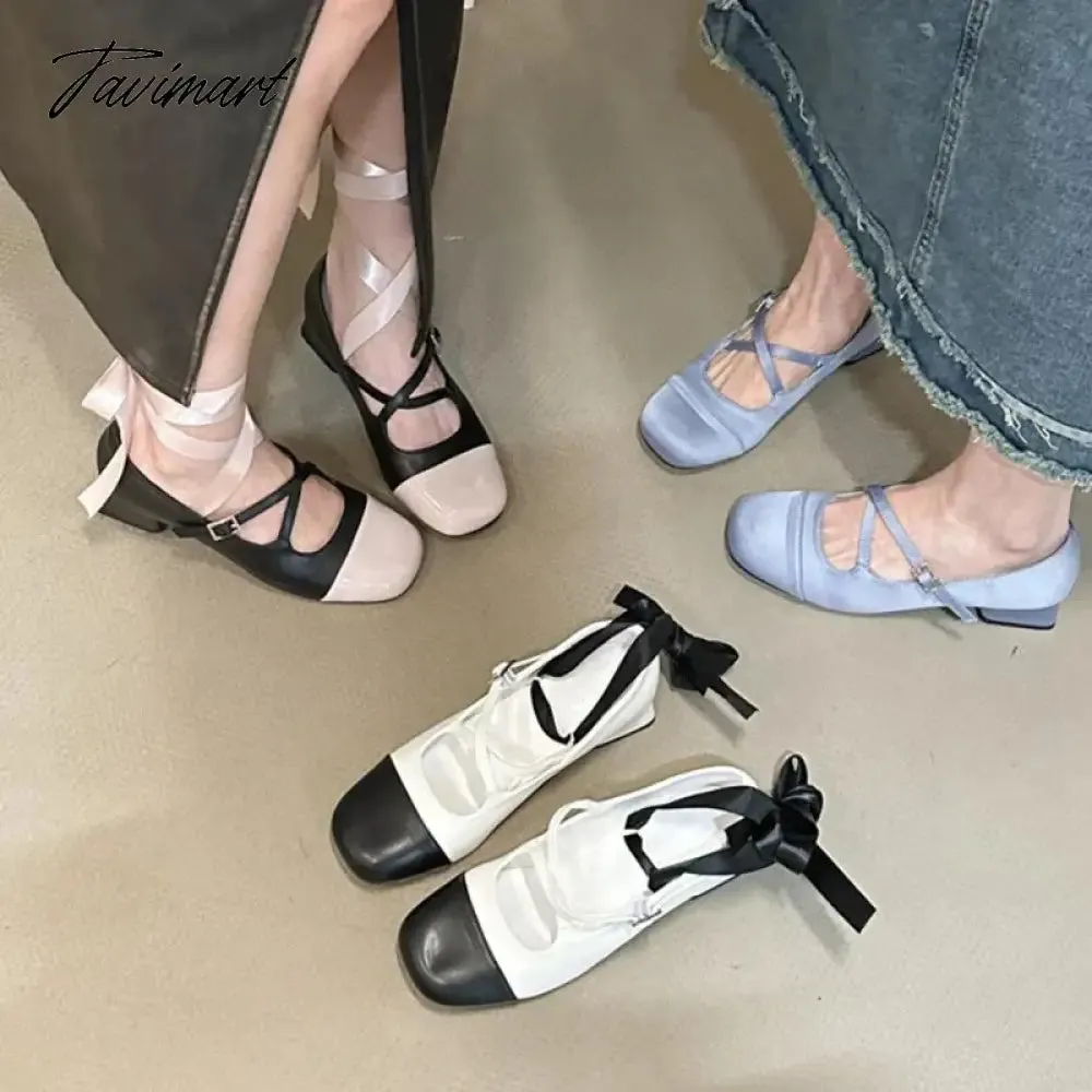 TAVIMART -  Mary Jane Pumps Women Bow Knot Design Lolita Square Toe Ankle Strappy Fashion Sweet Pumps 4CM Heel height Lovely Ballet Shoes