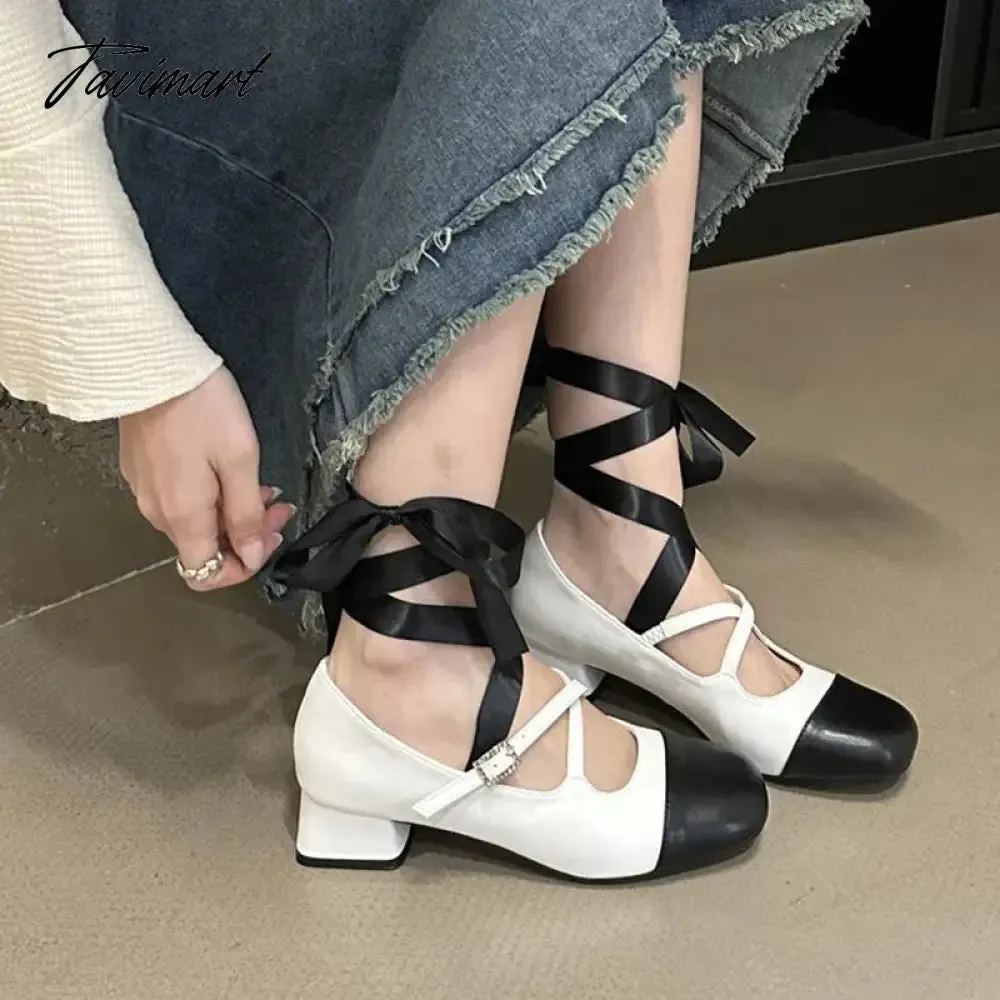 TAVIMART -  Mary Jane Pumps Women Bow Knot Design Lolita Square Toe Ankle Strappy Fashion Sweet Pumps 4CM Heel height Lovely Ballet Shoes